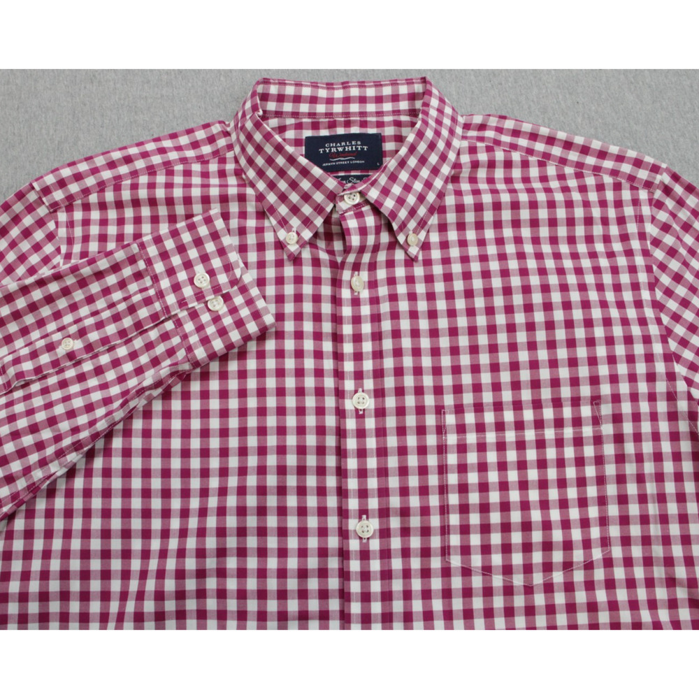 Charles Tyrwhitt Shirt Mens Large Gingham 100% Cotton Weekend Non Iron Slim Fit